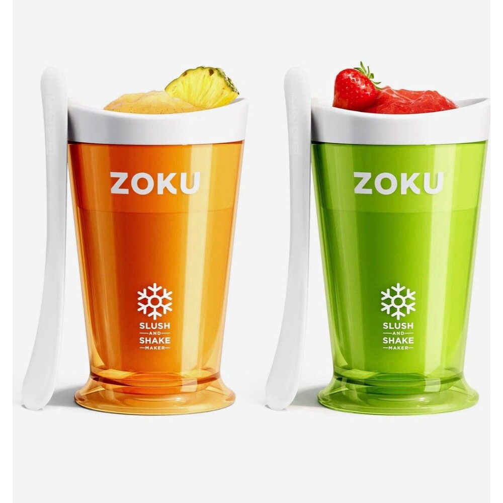 Zoku Slush and Shake Maker Set of 2 Manual Plastic Cups Green Orange
